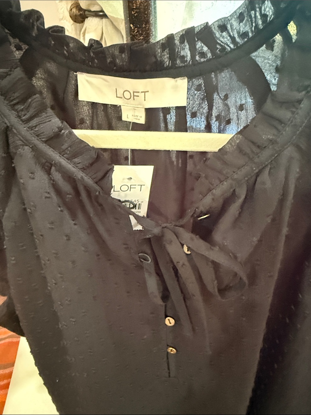 LOFT Swiss Dot Tie Neck Flutter Sleeve Blouse Size L - Picture 6 of 7